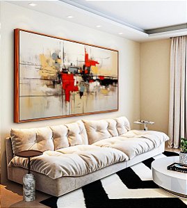 Quadro Horizontal Abstrato Cinza Vermelho Preto Canvas Moldura