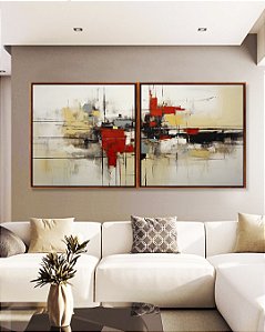 Duo de Quadros Quadrados Abstrato Cinza Vermelho Preto Canvas Moldura