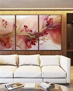 Trio de Quadros Flores Abstratas Delicadas Rosa Vermelho Dourado Canvas Moldura