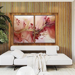 Duo de Quadros Flores Abstratas Delicadas Rosa Vermelho Dourado Canvas Moldura