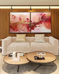 Duo de Quadros Quadrados Flores Abstratas Delicadas Rosa Vermelho Dourado Canvas Moldura
