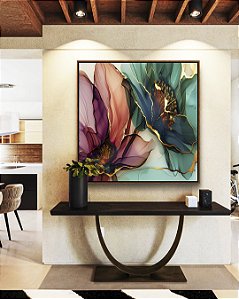 Quadro Quadrado Flores Delicadas Abstratas Rosa Verde Dourado Canvas Moldura