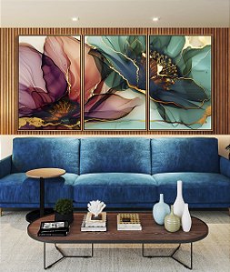 Trio de Quadros Flores Delicadas Abstratas Rosa Verde Dourado Canvas Moldura