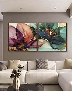 Duo de Quadros Quadrados Flores Delicadas Abstratas Rosa Verde Dourado Canvas Moldura