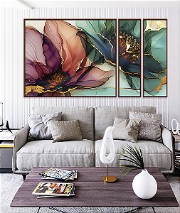 Trio de Quadros Estilizados Flores Delicadas Abstratas Rosa Verde Dourado Canvas Moldura