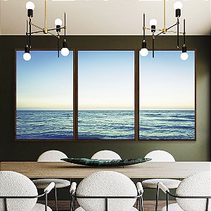 Trio de Quadros Mar Azul Turquesa Calmo Céu Claro Canvas Moldura