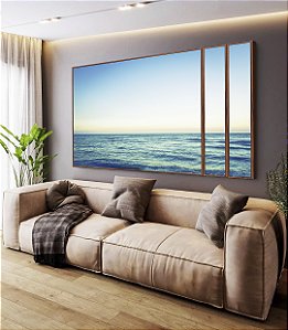 Trio de Quadros Estilizados Mar Azul Turquesa Calmo Céu Claro Canvas Moldura