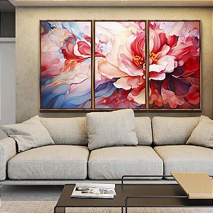 Trio de Quadros Flores Lindas Rosas Vermelhas Natureza Canvas Moldura