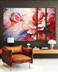Trio de Quadros Estilizados Flores Lindas Rosas Vermelhas Natureza Canvas Moldura