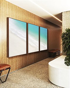 Trio de Quadros Mar Turquesa Praia Areia Branca Canvas Moldura