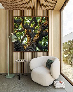 Quadro Quadrado Árvore Tronco Galhos Folhas Verdes Natureza Canvas Moldura