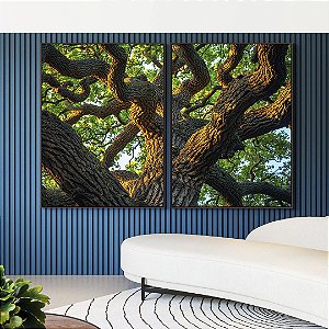 Duo de Quadros Árvore Tronco Galhos Folhas Verdes Natureza Canvas Moldura
