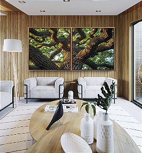 Duo de Quadros Quadrados Árvore Tronco Galhos Folhas Verdes Natureza Canvas Moldura