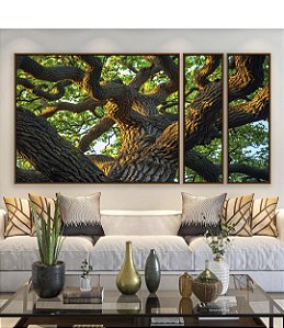 Trio de Quadros Estilizados Árvore Tronco Galhos Folhas Verdes Natureza Canvas Moldura