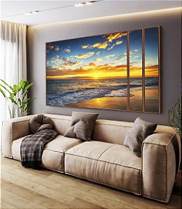 Trio de Quadros Estilizados Pôr do Sol Dourado Praia Mar Calmo Canvas Moldura