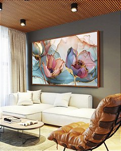 Quadro Horizontal Flores Rosa Salmão Turquesa Dourado Canvas Moldura