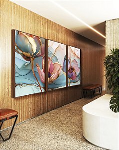 Trio de Quadros Flores Rosa Salmão Turquesa Dourado Canvas Moldura