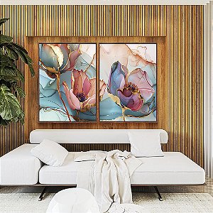 Duo de Quadros Flores Rosa Salmão Turquesa Dourado Canvas Moldura