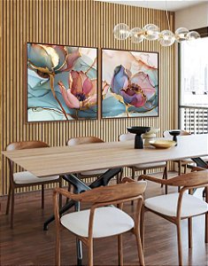 Duo de Quadros Quadrados Flores Rosa Salmão Turquesa Dourado Canvas Moldura