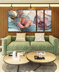 Trio de Quadros Estilizados Flores Rosa Salmão Turquesa Dourado Canvas Moldura