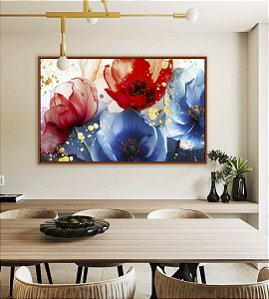 Quadro Horizontal Flores Dourado Vermelho Azul Canvas Moldura
