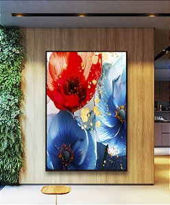 Quadro Vertical Flores Dourado Vermelho Azul Canvas Moldura