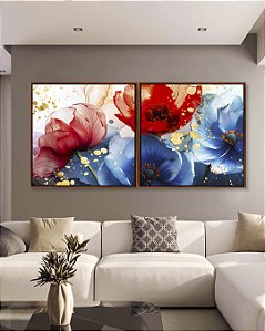 Duo de Quadros Quadrados Flores Dourado Vermelho Azul Canvas Moldura