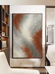 Quadro Vertical Abstrato Cinza Grafite Cobre Canvas Moldura