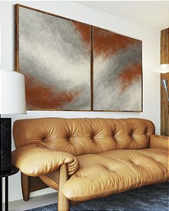 Duo de Quadros Abstrato Cinza Grafite Cobre Canvas Moldura