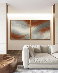 Duo de Quadros Quadrados Abstrato Cinza Grafite Cobre Canvas Moldura