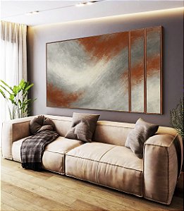 Trio de Quadros Estilizados Abstrato Cinza Grafite Cobre Canvas Moldura