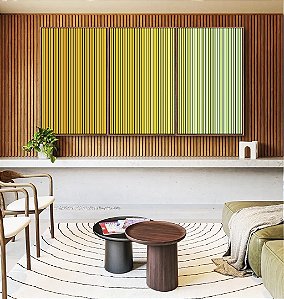 Trio de Quadros Degradê Listras Amarelo Ouro Verde Menta Canvas Moldura