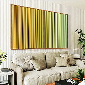 Duo de Quadros Degradê Listras Amarelo Ouro Verde Menta Canvas Moldura