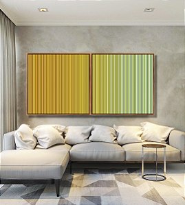 Duo de Quadros Quadrados Degradê Listras Amarelo Ouro Verde Menta Canvas Moldura