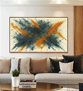 Quadro Horizontal Azul Petróleo Laranja Tangerina Efeito Pintura Canvas Moldura
