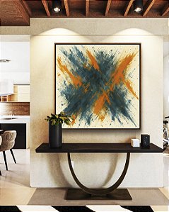 Quadro Quadrado Cores Azul Petróleo Laranja Tangerina Efeito Pintura Canvas Moldura