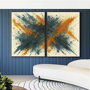 Duo de Quadros Cores Azul Petróleo Laranja Tangerina Canvas Moldura