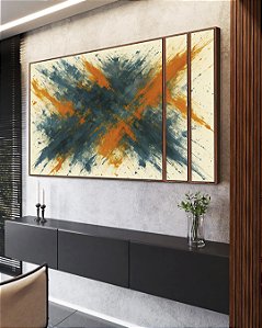 Trio de Quadros Estilizados Cores Azul Petróleo Laranja Tangerina Efeito Pintura Canvas Moldura