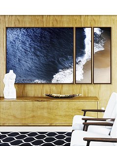 Trio de Quadros Estilizados Mar Azul Profundo Praia Canvas Moldura