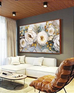 Quadro Horizontal Flores Brancas Dourado Turquesa Delicadas Canvas Moldura