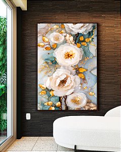 Quadro Vertical Flores Brancas Dourado Turquesa Delicadas Canvas Moldura