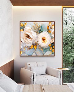 Quadro Quadrado Flores Brancas Dourado Turquesa Delicadas Canvas Moldura