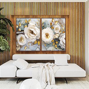 Duo de Quadros Flores Brancas Dourado Turquesa Delicadas Canvas Moldura