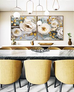 Duo de Quadros Quadrados Flores Brancas Dourado Turquesa Delicadas Canvas Moldura