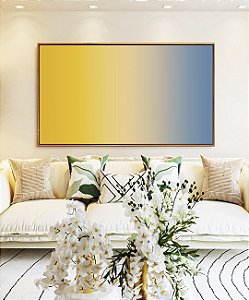 Quadro Horizontal Abstrato Degradê Amarelo Dourado Creme Azul Canvas Moldura