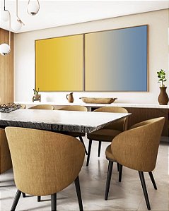 Duo de Quadros Quadrados Abstrato Degradê Amarelo Dourado Creme Azul Canvas Moldura