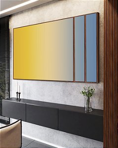 Trio de Quadros Estilizados Abstrato Degradê Amarelo Dourado Creme Azul Canvas Moldura