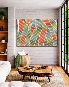 Quadro Horizontal Folhas Abstratas Verde Terracota Azul Canvas Moldura