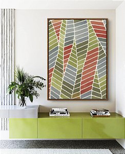 Quadro Vertical Folhas Abstratas Verde Terracota Azul Canvas Moldura