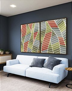 Duo de Quadros Folhas Abstratas Verde Terracota Azul Canvas Moldura